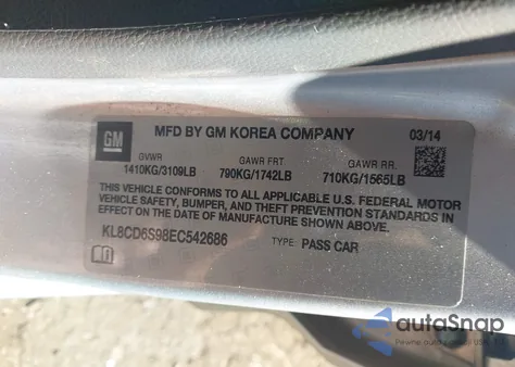 2014 Chevrolet Spark 1Lt Auto from USA, damaged, VIN KL8CD6S98EC542686